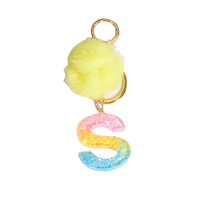 Resin Keychains, Pom Pom Ball Keychain, with KC Gold Tone Plated Iron Findings, Alphabet