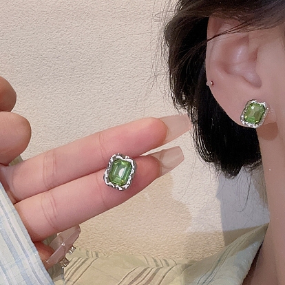 Rectangle Alloy Stud Earring, with Sterling Silver Pin and Glass