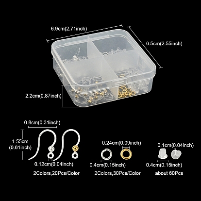 40Pcs 2 Color Eco-Friendly Plastic Earring Hooks, Ear Wire, with 304 Stainless Steel Beads and Horizontal Loop & 60Pcs Brass Jump Rings and 60Pcs Plastic Ear Nuts