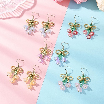 Серьги-подвески из стеклянных бусин ручной работы в виде цветка с бантом, с 304 нержавеющей стали серьги крючки, золотые