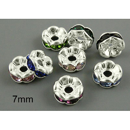 Brass Rhinestone Spacer Beads, Grade AAA, Wavy Edge, Nickel Free, Silver Color Plated, Rondelle, 7x3.2mm, Hole: 1.2mm