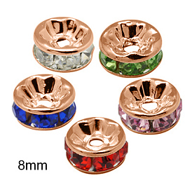 Brass Rhinestone Spacer Beads, Grade AAA, Straight Flange, Nickel Free, Rose Gold Metal Color, Rondelle, 8x3.8mm, Hole: 1.5mm