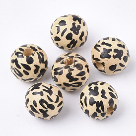 Perles de bois naturel imprimées, teint, rond avec imprimé léopard