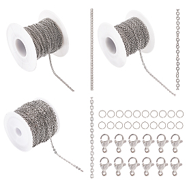 30m 3 style 304 chaînes à maillons et gourmettes en acier inoxydable pour kit de fabrication de colliers à chaîne DIY, avec des fermoirs à pinces de homard et des anneaux de saut en pièces