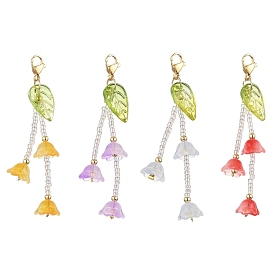 4Pcs 4 Colors Flower Glass Pendant Decoration, 304 Stainless Steel Lobster Claw Clasps Charms for Bag Ornaments