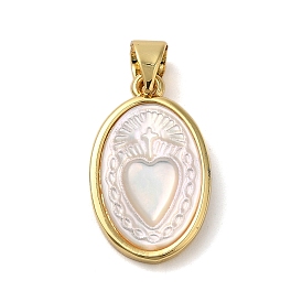 Rack Plating Brass Pave Shell Oval Pendants, Cross Heart Charms, Lead Free & Cadmium Free, Long-Lasting Plated