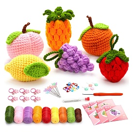 6 Style Fruit Yarn Knitting Beginner Kit, including Instruction, Plastic Locking Stitch Marker & Eye & Crochet Hooks, Yarn Needle, Yarns, Keychain Clasp