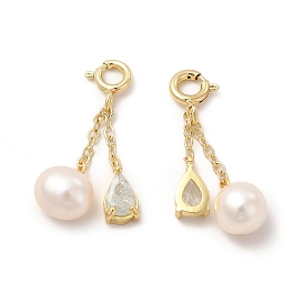 Brass Pave Clear Cubic Zirconia Teardrop Spring Ring Clasp Charms, with Natural Pearl Round Beads