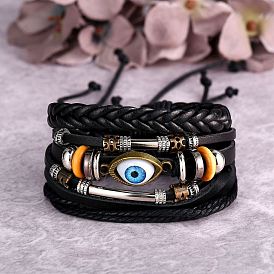 Stylish Eye Braided Leather Bracelet Set for Men - 3 Piece Black Wristband Collection