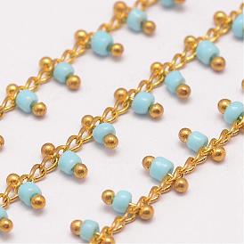 Handmade Seed Beaded Chains, Soldered, with Spool, with Brass Findings