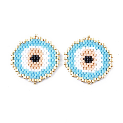 Handmade Seed Beads Links Connectors, with Elastic Thread, Loom Pattern, Flat Round with Evil Eye