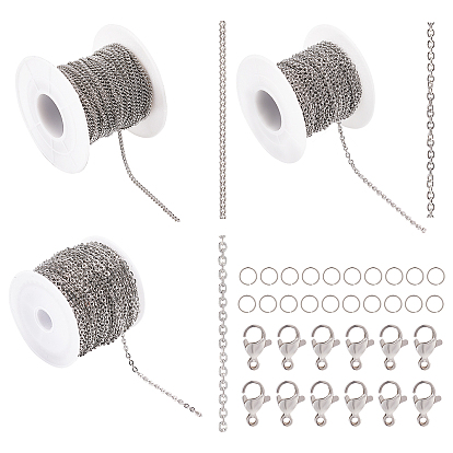 30m 3 style 304 chaînes à maillons et gourmettes en acier inoxydable pour kit de fabrication de colliers à chaîne DIY, avec des fermoirs à pinces de homard et des anneaux de saut en pièces