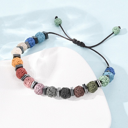 Chakra Round Dyed Natural Lava Rock Braided Bead Bracelets, Adjustbale Waxed Cord Bracelets with Synthetic Non-magnetic Hematite Beads