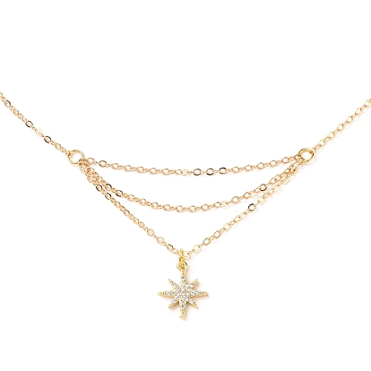 Brass Micro Pave Clear Cubic Zirconia Pendant Necklace, with 304 Stainless Steel Lobster Claw Clasps, Star