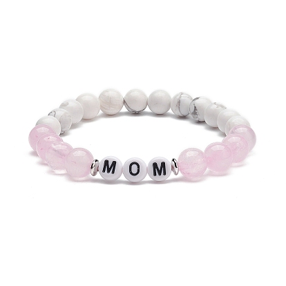 Natural Rose Quartz & Howlite & Acrylic Beaded Stretch Bracelet, Word Mom Jewelry for Mother's Day