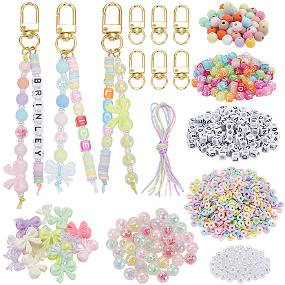 Наборы для самостоятельного изготовления брелоков, В комплект входят 10 шт. поворотные застежки из сплава, 3 нитки ручной работы бусины из полимерной глины нитки, 100 бусины из абс-пластика с имитацией жемчуга, 420шт акриловые бусины, 2.5м нейлоновая нить