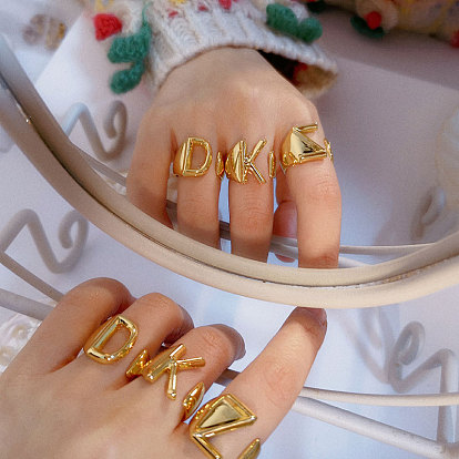 Brass Cuff Rings, Open Rings, Long-Lasting Plated, Alphabet, Real 18K Gold Plated