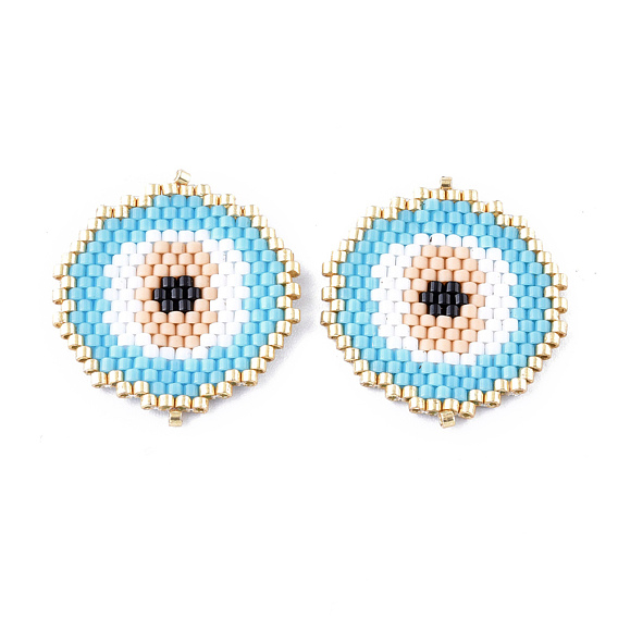 Handmade Seed Beads Links Connectors, with Elastic Thread, Loom Pattern, Flat Round with Evil Eye