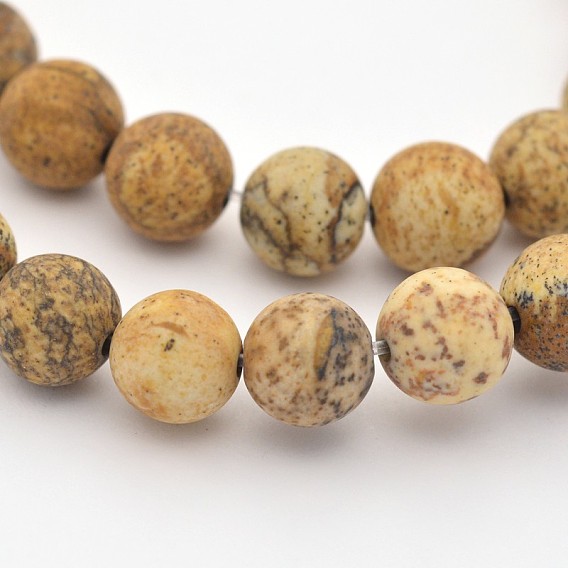 Natural Picture Jasper Beads Strands, Frosted, Round
