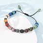 Chakra Round Dyed Natural Lava Rock Braided Bead Bracelets, Adjustbale Waxed Cord Bracelets with Synthetic Non-magnetic Hematite Beads