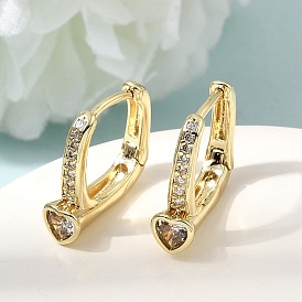 Серьги-кольца из латуни с микропаве из прозрачного кубического циркония, квадрат с сердцем