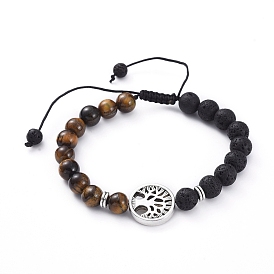 Natural Lava Rock & Tiger Eye Beads Adjustable Braided Bracelets, with Tibetan Style Alloy Beads, Flat Round with Tree
