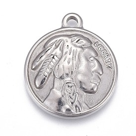 304 Stainless Steel Pendants, Flat Round with Indian, Word Liberty