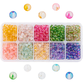 Frosted Spray Painted Glass Beads, with Golden Foil, Round