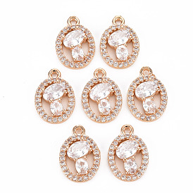 Rack Plating Brass Micro Pave Clear Cubic Zirconia Pendants, Long-Lasting Plated, Cadmium Free & Lead Free, Oval