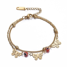 304 Stainless Steel Multi-strand Bracelets, with Round Lampwork Beads and Lobster Claw Clasps, Butterfly