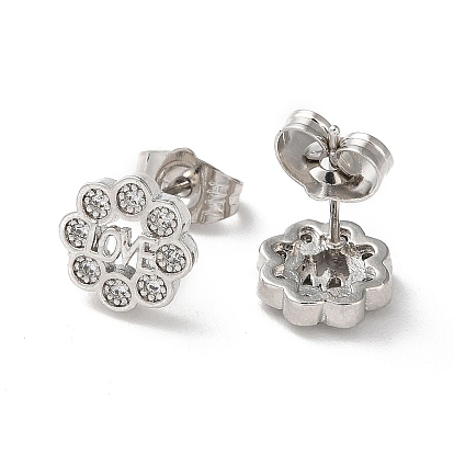 Brass Rhinestone Stud Earrings, Flower with Word Love