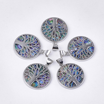 Resin Imitation Paua Shell/Abalone Shell Pendants, with Alloy Findings, Flat Round with Tree of Life