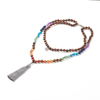 Buddhist Necklace, Natural & Synthetic Mixed Gemstone & Wood Double Layer Necklace with Brass Magnetic Clasps, Alloy Lotus & Polyester Tassel Big Pendant Necklace for Women