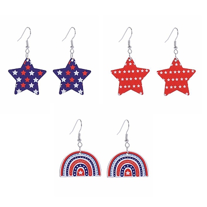 Independence Day Printed Wooden Dangle Earrings for Women, Star/Rainbow Pattern