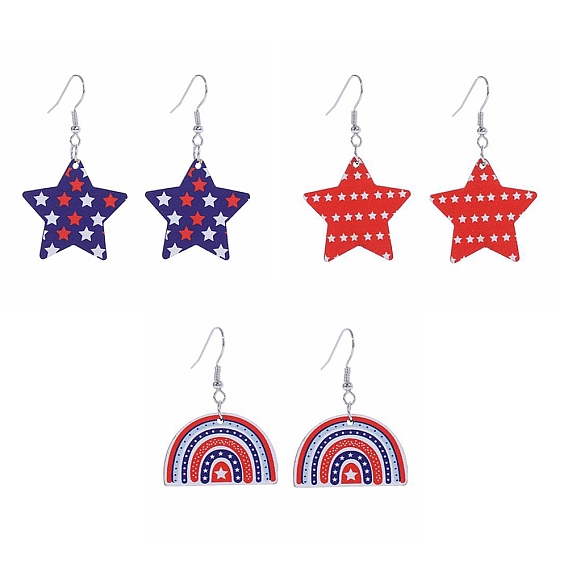 Independence Day Printed Wooden Dangle Earrings for Women, Star/Rainbow Pattern