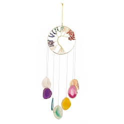 Chakra Flat Round with Tree of Life Wire Wrapped Wind Chimes, with Chips Natural Gemstone Beads and Natural Agate Pendants