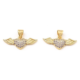 Rack Plating Brass Micro Pave Clear Cubic Zirconia Pendants, Wing with Heart
