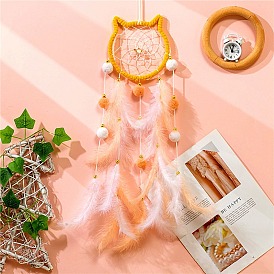 Cat Shape Cloth Pendant Hanging Home Decoration, Woven Net/Web with Feather for Home Bedroom Hanging Decorations