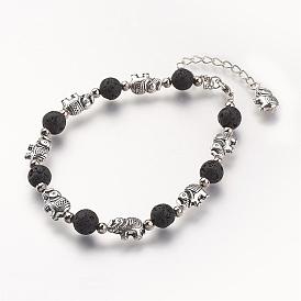 Bracelets de perles de pierre de lave naturelle, Avec perles d'éléphant en alliage de style tibétain et fermoir en laiton