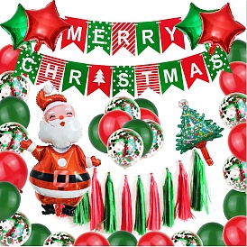Christmas Theme Party Decoration Kit, Including Banner Flag, Santa Claus & Tree & Star Balloon, Tassel Pendant for Party Home Decoration