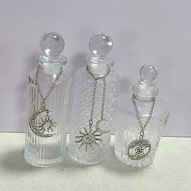 3Pcs 3 Styles Column Glass Wishing Bottles, with Triple Moon Sun Alloy Pendant Decorations, Antique Silver