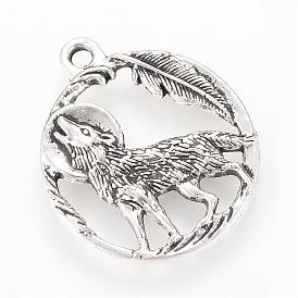 Alloy Howling Wolf Pendants, Flat Round with Wolf, Cadmium Free & Lead Free
