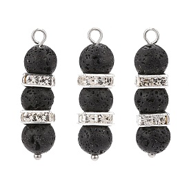 Pendentifs en pierre de lave naturelle, avec perles intercalaires en cristal de laiton ton platine et strass, charmes de colonne