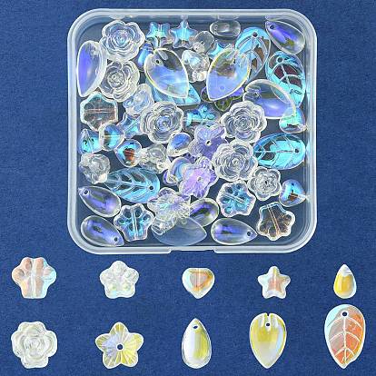 DIY Jewelry Making Finding Kit, Including 50Pcs 10 Style Transparent Glass Charms & Beads, Teardrop & Heart & Leaf & Flower