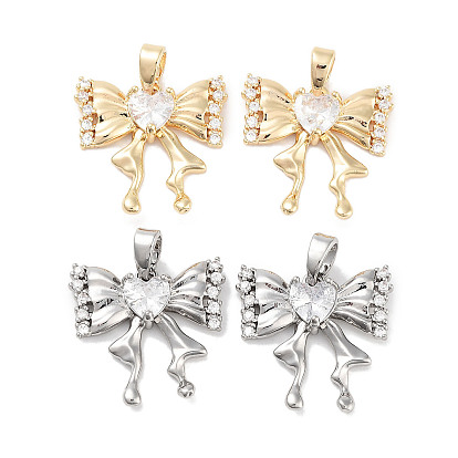 Brass Micro Pave Cubic Zirconia Pendants, Bowknot Charms