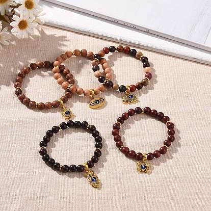 Wood Beaded Bracelets, Alloy Owl/Toitorse/Elephant/Eye/Butterfly Charm Bracelets for Women