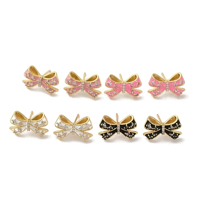 Bowknot Brass Stud Earrings, with Cubic Zirconia Enamel, Cadmium Free & Lead Free