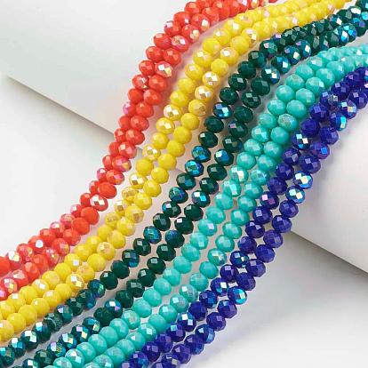 Electroplate Opaque Solid Color Glass Beads Strands, Half Rainbow Plated, Faceted, Rondelle