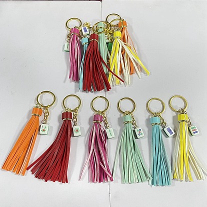 12Pcs 6 Styles Imitation Leather Tassel & Alloy Resin Keychain, with Alloy Rings, Golden