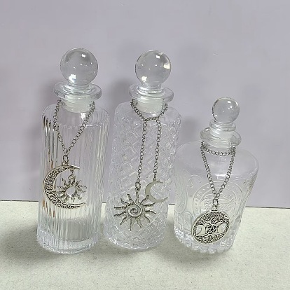 3Pcs 3 Styles Column Glass Wishing Bottles, with Triple Moon Sun Alloy Pendant Decorations, Antique Silver